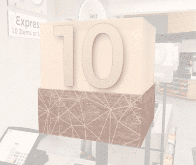 Checkstand light cube from Shop2It Retail's Modern Collection shown in a grocery store décor layout. Checkstand light is acrylic and has a customizable number.