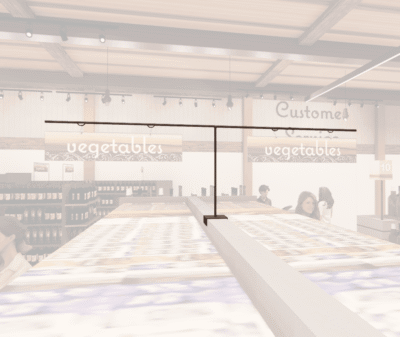 Natural Collection's aisle outrigger with wood background on t-bracket to be mounted on spine of aisle shelves or gondolas.