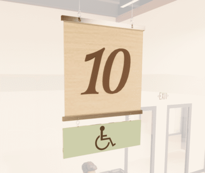 Traditional Collection's double-sided hanging checkstand sign for the ADA Lane with background & side digitally printed.