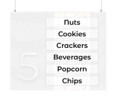 Modern Collection's acrylic aisle marker inserts with centered black text, for the Modern Aisle Marker (sold separately).