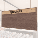 Modern Collection's hanging promotional sign with a woodgrain wrapped backgroud on L-hooks and customizable inserts.