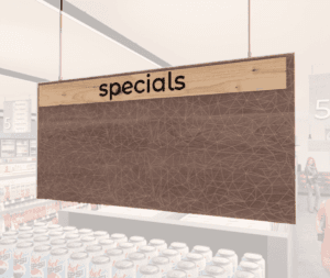 Modern Collection's hanging promotional sign with a woodgrain wrapped backgroud on L-hooks and customizable inserts.