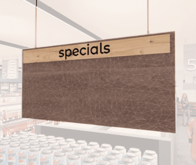 Modern Collection's hanging promotional sign with a woodgrain wrapped backgroud on L-hooks and customizable inserts.