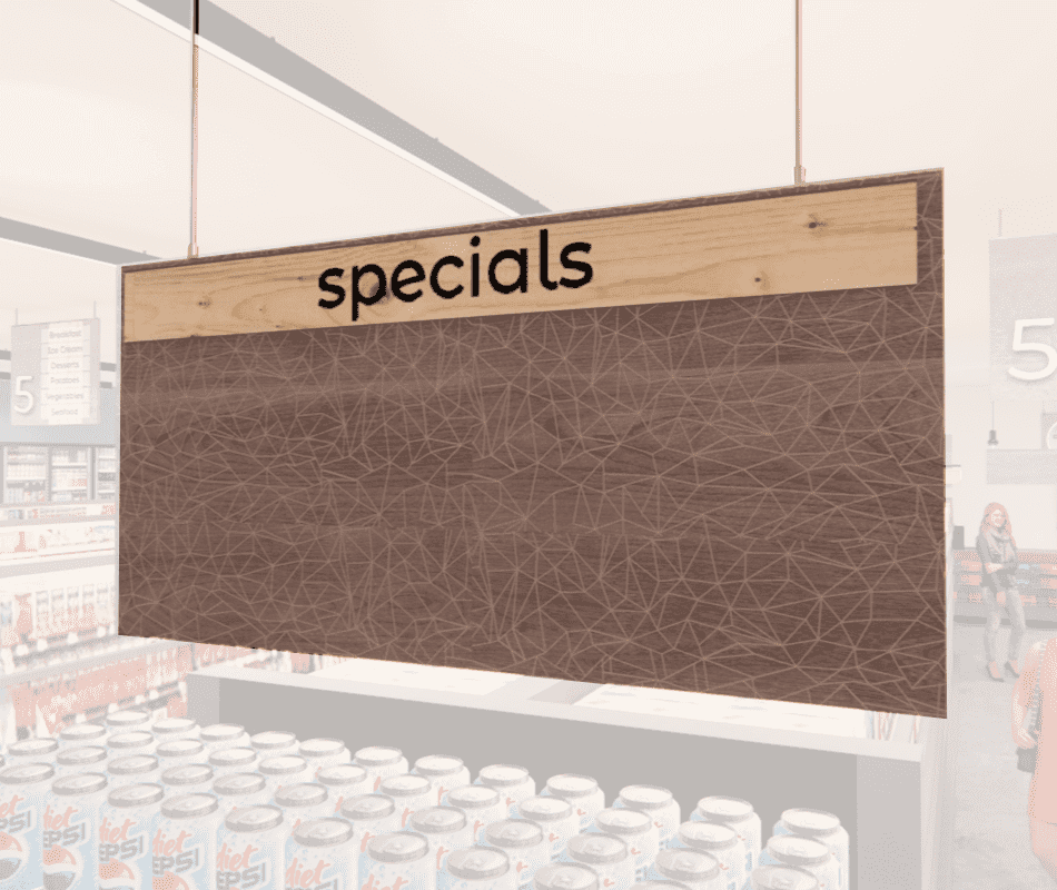 Modern Collection's hanging promotional sign with a woodgrain wrapped backgroud on L-hooks and customizable inserts.
