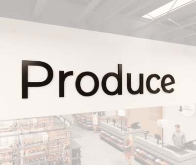 Modern Collection's Produce dept wayfinding sign that is wall mounted dimensional wood letters with metal laminate faces.