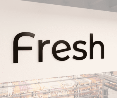 Modern collection wall copy dimensional letters for Fresh food department wayfinding. Aluminum face with a finished edge