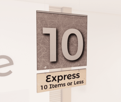 Modern Collection's double sided checkstand Express Lane sign with digital printed vinyl-wrapped wood background and edges.