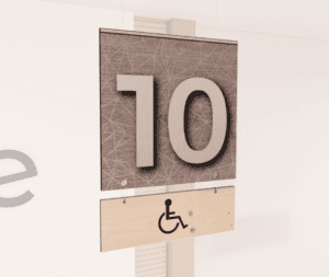 Modern Collection's double sided checkstand ADA Lane sign with digital printed vinyl-wrapped wood background and edges.