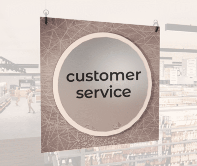 Modern Collection's large department sign with digitally printed text "customer service" centered on a circular overlay.