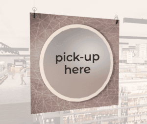 Modern Collection's single sided large dept. sign with digitally printed text "pick-up here" centered on a circular overlay.
