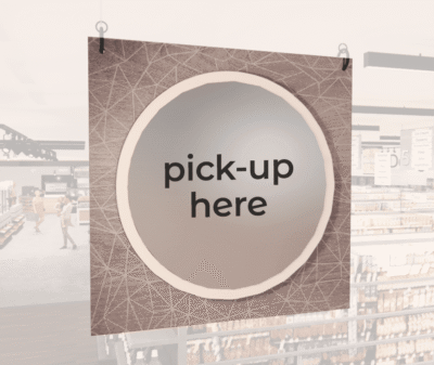 Modern Collection's single sided large dept. sign with digitally printed text "pick-up here" centered on a circular overlay.