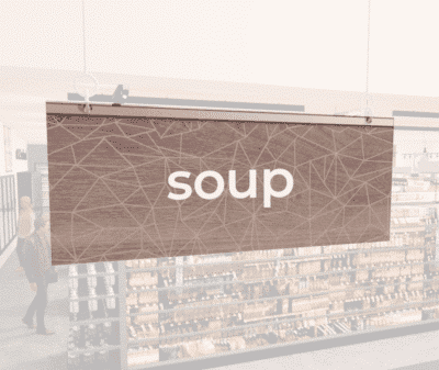 Modern Collection's singled sided small hanging dept sign with digitally printed white dimensional centered text "soup."