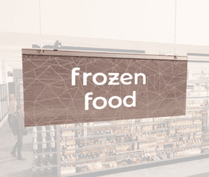 Modern Collection's singled sided small hanging department sign with digitally printed white dimensional text "frozen food."