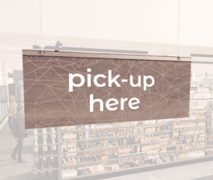 Modern Collection's singled sided small hanging department sign with digitally printed white dimensional text "pick-up here."