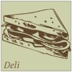 Traditional Collection's deptartment sign with a pale sage face and brown text that reads "Deli," and an illustrated sandwich