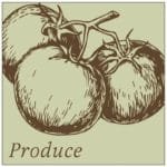 Traditional Collection's deptartment sign with a pale sage face and brown text that reads "Produce," and illustrated tomatoes