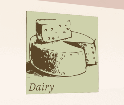 Traditional Collection's wayfinding department sign for the "Dairy," that is digitally printed on vinyl-wrapped wood core.