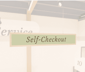 Traditional Collection's wayfinding hanging self -checkout sign for "Self-Checkout Lane," digitially printed on 6 mil PVC.