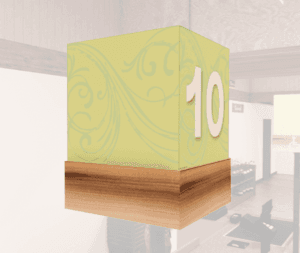 Natural Collection's checkstand cube with customizable text. The cube is made with white arylic & the base is media wrapped.