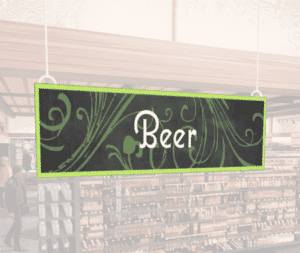 Natural Collection's large 9" tall by 36" wide hanging department sign with text "Beer" for Alcohol Department Wayfinding.