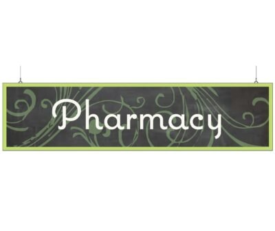 Natural Collection's hanging department sign with text reading "Pharmacy" for Pharmacy Department wayfinding.