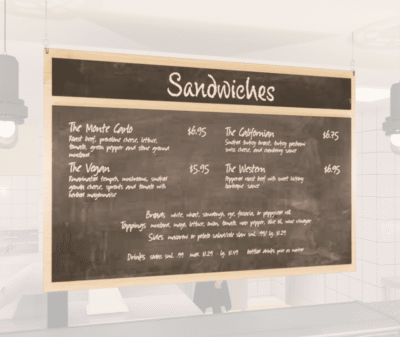Traditional Collection's single sided Menu Chalkboard hanging sign with a wood pattern that is digitally printed on 6 mil PVC