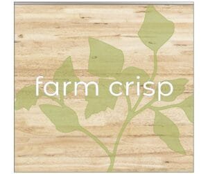 Modern Collection's square wall graphic sign with the text "farm crisp" in dimensional copy for produce department wayfinding.