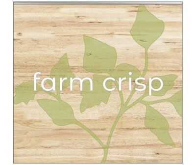 Modern Collection's square wall graphic sign with the text "farm crisp" in dimensional copy for produce department wayfinding.