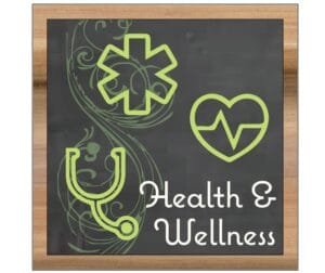 Natural Collection's square wall-mounted graphic with text "Health & Wellness" and pharmacy icons for department wayfinding