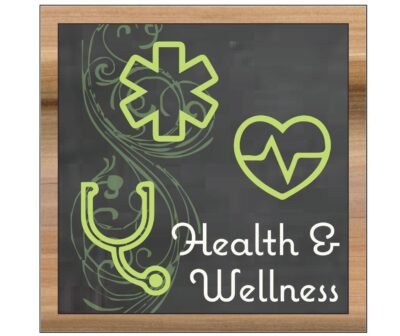 Natural Collection's square wall-mounted graphic with text "Health & Wellness" and pharmacy icons for department wayfinding