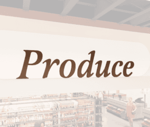 Traditional Collection's wayfinding Produce dept sign that is wall mounted with dimensional wood letters & a painted finish