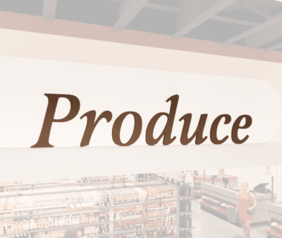 Traditional Collection's wayfinding Produce dept sign that is wall mounted with dimensional wood letters & a painted finish