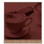 Convenience store graphic image of an Espresso beverage with burgundy tint and a wood look frame at top and bottom designed by Shop2It Retail.