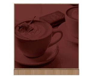 Convenience store graphic image of an Espresso beverage with burgundy tint and a wood look frame at top and bottom designed by Shop2It Retail.