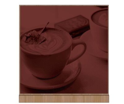Convenience store graphic image of an Espresso beverage with burgundy tint and a wood look frame at top and bottom designed by Shop2It Retail.