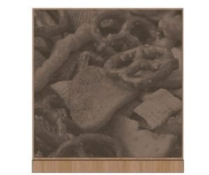 image of pretzel and cracker trail mix with a brown tint and wood look frame at the top and bottom.