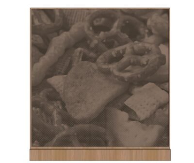 image of pretzel and cracker trail mix with a brown tint and wood look frame at the top and bottom.