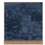 Convenience store graphic image of bottled beverages with a blue tint and a wood-look frame designed by Shop2It Retail.