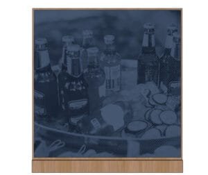 Convenience store graphic image of bottled beverages with a blue tint and a wood-look frame designed by Shop2It Retail.