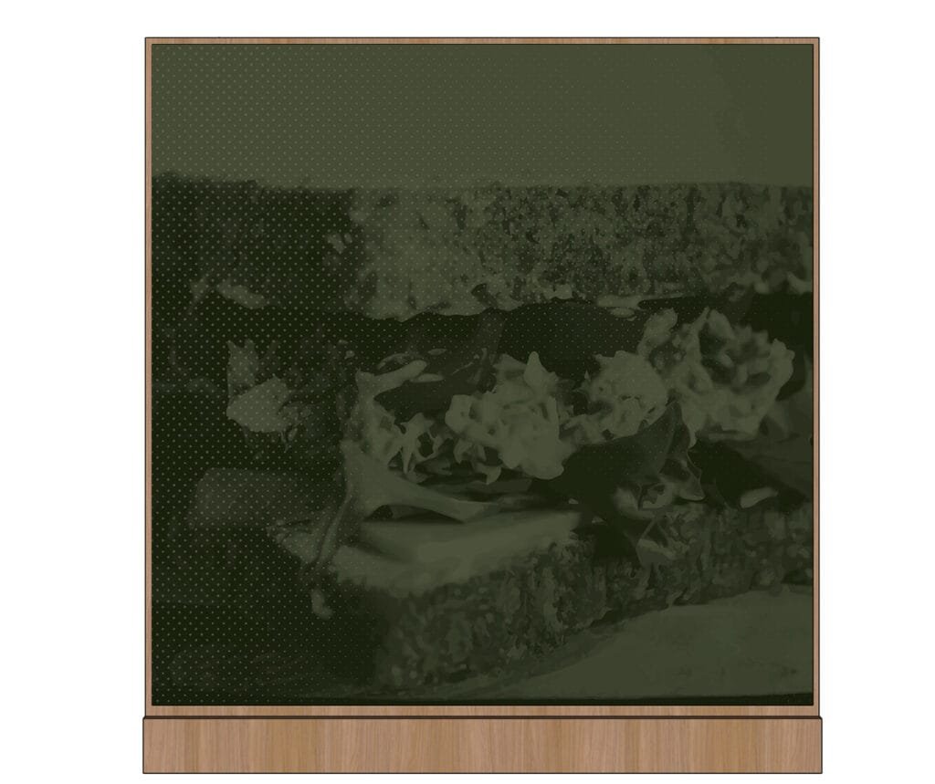 Image of a convenience store graphic panel for prepared food deli sandwich with a green tint and wood-look frame on top and bottom.