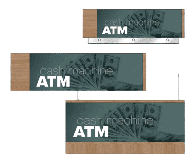 Convenience store sign for the ATM area of a gas station of a convenience store. Three variations of the sign are shown as designed by Shop2It Retail.