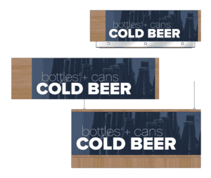 Convenience store sign for the beer area of a gas station of a convenience store. Three variations of the sign are shown as designed by Shop2It Retail.