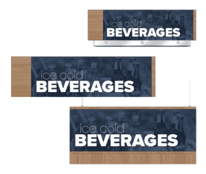 Convenience store sign for the beverage area of a gas station of a convenience store. Three variations of the sign are shown as designed by Shop2It Retail.