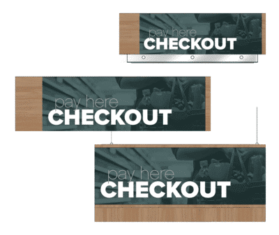 Convenience store sign for the checkout area of a gas station of a convenience store. Three variations of the sign are shown as designed by Shop2It Retail.