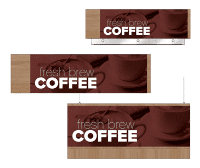 Convenience store sign for the coffee area of a gas station of a convenience store. Three variations of the sign are shown as designed by Shop2It Retail.