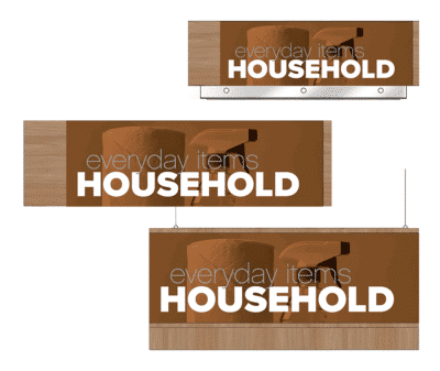 Convenience store sign for the household area of a gas station of a convenience store. Three variations of the sign are shown as designed by Shop2It Retail.