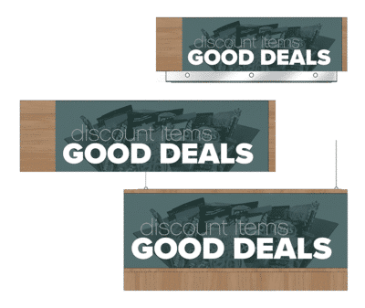 Convenience store sign for the promotions/deals area of a gas station of a convenience store. Three variations of the sign are shown as designed by Shop2It Retail.