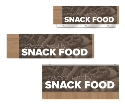 Convenience store sign for the snack food category area of a gas station of a convenience store. Three variations of the sign are shown as designed by Shop2It Retail.