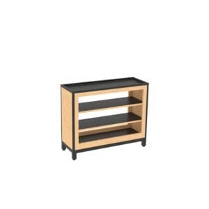 The Laney Collect by Shop2It Retail's Two-sided produce spill bin with framed in shelves in the base. Shown in the Blonde Maple finish option.