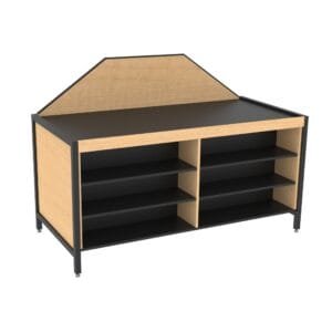 Produce end cap display from the Laney Collection by Shop2It Retail. Unit measures 74.5"x51.7"x36" and is shown in the blonde maple finish option.